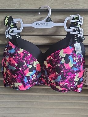 bebe Multi-Color Abstract Print Padded Bra with Black Accents